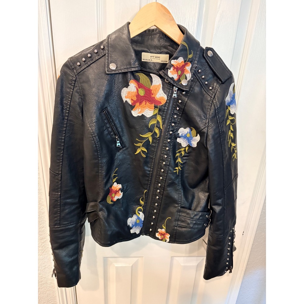 AFTF Basic SHEIN Moto Jacket Black Floral Embroidered Studded Faux Leather Biker